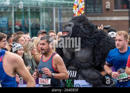 Tower Hill, Londres, Royaume-Uni. 2 octobre 2022. Environ 50 000 personnes participent au marathon TCS de Londres 2022, dont les meilleurs coureurs d’élite du monde. La masse des coureurs de club et de plaisir suivent avec beaucoup de collectant de grosses sommes pour la charité et courant souvent en robe de fantaisie. Will Highfield courir dans un costume de gorille pour re-wild notre monde Banque D'Images