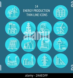 Collection d'icônes rondes d'énergie et d'écologie en ligne fine. Sources d'énergie renouvelables, objets industriels dans des symboles linéaires avec une ombre longue. Illustration de Vecteur