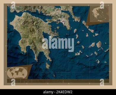 Attica, administration décentralisée de la Grèce. Carte satellite basse résolution. Cartes d'emplacement auxiliaire d'angle Banque D'Images