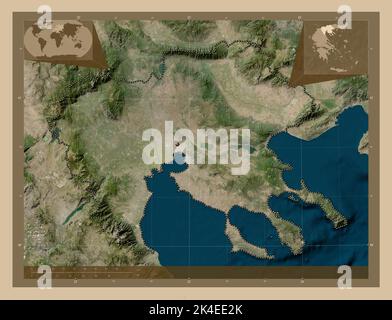 Macédoine centrale, administration décentralisée de la Grèce. Carte satellite basse résolution. Cartes d'emplacement auxiliaire d'angle Banque D'Images