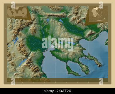 Macédoine centrale, administration décentralisée de la Grèce. Carte d'altitude en couleur avec lacs et rivières. Cartes d'emplacement auxiliaire d'angle Banque D'Images