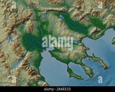 Macédoine centrale, administration décentralisée de la Grèce. Carte d'altitude en couleur avec lacs et rivières Banque D'Images