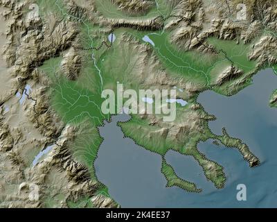 Macédoine centrale, administration décentralisée de la Grèce. Carte d'altitude colorée en style wiki avec lacs et rivières Banque D'Images