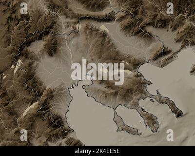 Macédoine centrale, administration décentralisée de la Grèce. Carte d'altitude colorée en tons sépia avec lacs et rivières Banque D'Images