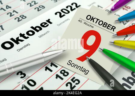 Calendrier allemand 2022 9 octobre Dimanche semaine 40 et jours de semaine avec crayons Banque D'Images