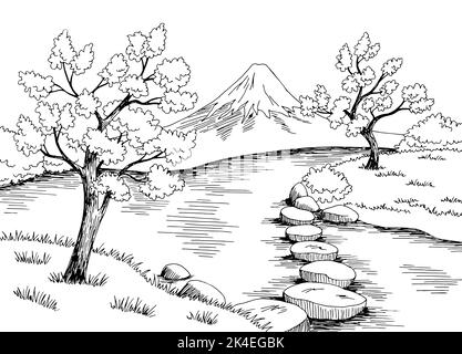 Japon jardin lac graphique noir blanc paysage esquisse illustration vecteur Illustration de Vecteur