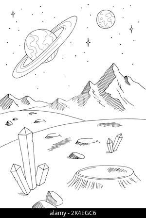 Alien Planet Graphic noir blanc espace paysage vertical esquisse illustration vecteur Illustration de Vecteur