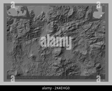 Chiquimula, département du Guatemala. Carte d'altitude en niveaux de gris avec lacs et rivières. Cartes d'emplacement auxiliaire d'angle Banque D'Images