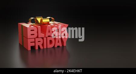Texte du vendredi noir en rouge en forme de cadeau avec espace de copie. 3d illustration. Banque D'Images