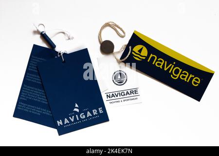 Tags de vêtements NAVIGARE. Navigare est une marque italienne de mode Sportswear et Loisirs de N61 S.r.l. - Italie Banque D'Images