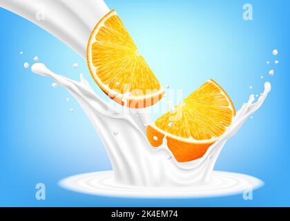 Jus d'orange dans le lait ou le yaourt. Des tranches d'orange fraîches tombent dans le lait. Un élément pour votre conception d'emballage. Vecteur 3D réaliste Illustration de Vecteur