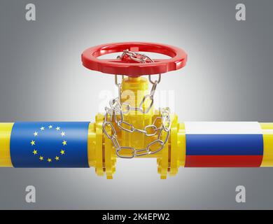 UE Europe et Russie sanctions pétrolières et gazières, stand-off et guerre. Le tuyau de gaz comprimé symbolise l'embargo sur le GNL, la crise et les hausses de prix à venir., 3D Banque D'Images