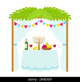 Cabane traditionnelle de Sukkah avec des décorations et une table avec de la nourriture pour les vacances juives de Sukkkot. Joli dessin animé, illustration vectorielle isolée. Illustration de Vecteur