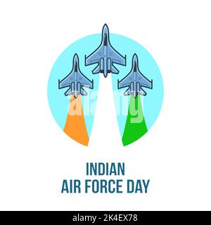 Motif célébration de la Journée de l'aviation indienne. Trois avions de chasse avec des sentiers aux couleurs du drapeau indien. Icône de ligne plate, illustration vectorielle. Illustration de Vecteur