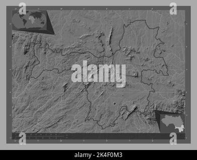 Nzerekore, région de Guinée. Carte d'altitude à deux niveaux avec lacs et rivières. Cartes d'emplacement auxiliaire d'angle Banque D'Images