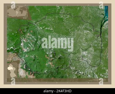 Cuyuni-Mazaruni, région du Guyana. Carte satellite haute résolution. Lieux et noms des principales villes de la région. Cartes d'emplacement auxiliaire d'angle Banque D'Images