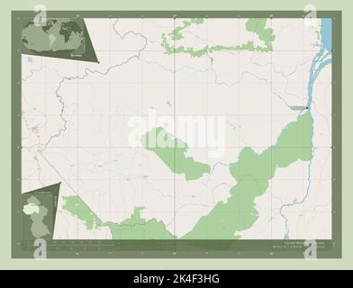 Cuyuni-Mazaruni, région du Guyana. Ouvrez la carte des rues. Lieux et noms des principales villes de la région. Cartes d'emplacement auxiliaire d'angle Banque D'Images