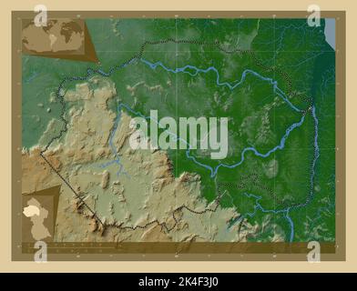 Cuyuni-Mazaruni, région du Guyana. Carte d'altitude en couleur avec lacs et rivières. Lieux des principales villes de la région. Carte d'emplacement auxiliaire d'angle Banque D'Images