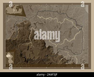 Cuyuni-Mazaruni, région du Guyana. Carte d'altitude colorée en tons sépia avec lacs et rivières. Lieux des principales villes de la région. Angle auxilia Banque D'Images