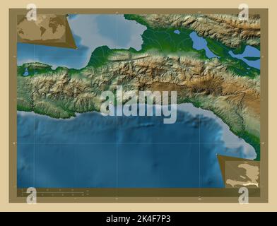 Sud-est, département d'Haïti. Carte d'altitude en couleur avec lacs et rivières. Cartes d'emplacement auxiliaire d'angle Banque D'Images