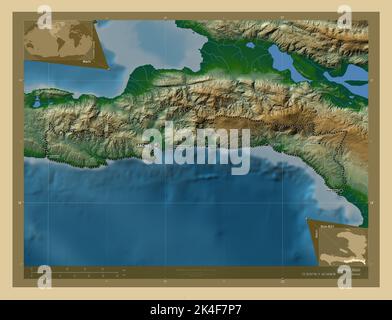 Sud-est, département d'Haïti. Carte d'altitude en couleur avec lacs et rivières. Lieux et noms des principales villes de la région. Emplacement auxiliaire du coin Banque D'Images