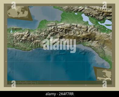 Sud-est, département d'Haïti. Carte d'altitude colorée en style wiki avec lacs et rivières. Cartes d'emplacement auxiliaire d'angle Banque D'Images