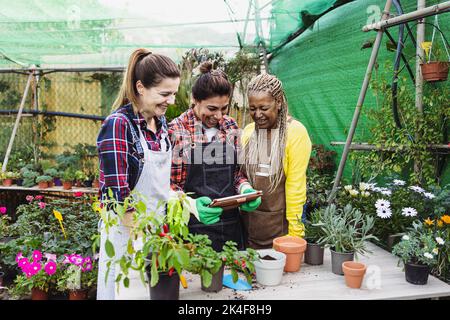 Jardiniers multiraciaux travaillant ensemble dans la boutique de jardins de plantes et de fleurs Banque D'Images