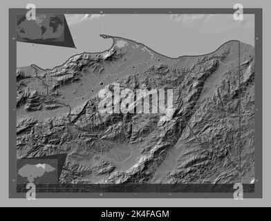 Côlon, département du Honduras. Carte d'altitude à deux niveaux avec lacs et rivières. Lieux des principales villes de la région. Cartes d'emplacement auxiliaire d'angle Banque D'Images