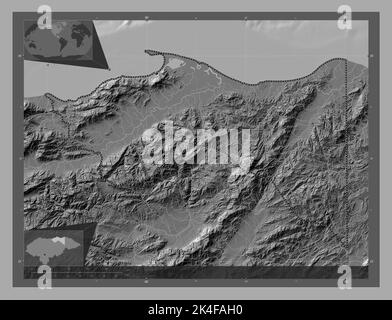 Côlon, département du Honduras. Carte d'altitude à deux niveaux avec lacs et rivières. Cartes d'emplacement auxiliaire d'angle Banque D'Images