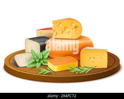 Morceaux de fromage réalistes. Produits laitiers isolés sur planche à découper en bois différentes variétés, cheddar et parmesan, farine crémeuse, aliments agricoles écologiques Illustration de Vecteur