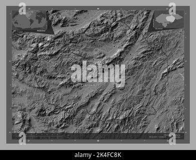 Olancho, département du Honduras. Carte d'altitude à deux niveaux avec lacs et rivières. Lieux et noms des principales villes de la région. Emplacement auxiliaire du coin Banque D'Images