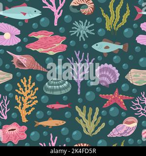 Motif tropical sans coutures en bord de mer. Ocean Beach colorent des objets, des éléments sous-marins minéraux, des poissons et des étoiles de mer, des algues et des coraux. Papier d'emballage Illustration de Vecteur