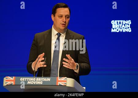 Le maire de Tees Valley, Ben Houchen, s'exprimait à la conférence annuelle du Parti conservateur au Centre international des congrès de Birmingham. Date de la photo: Dimanche 2 octobre 2022. Banque D'Images