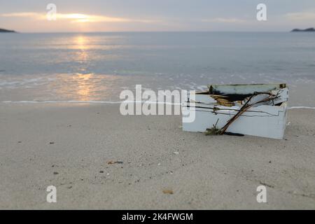 Des ruches de bois, de plastique et même de bois ont lavé le minerai de terre sur la plage d'or à Thassos après une puissante tempête sur un matin d'été nuageux. Banque D'Images