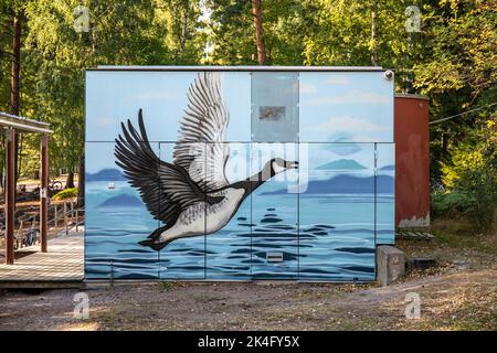 Graffiti mural d'une oie du Canada par Jennifer Backlund et Leena Pukki sur les vestiaires de plage dans le quartier Munkkiniemi d'Helsinki, en Finlande Banque D'Images