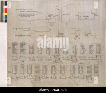 Tirant sur le tissage au-dessus du bâtiment principal du musée nordique. Dessin pour les portes dans la partie centrale. Pour les portes a 'b'o' o v 'voir détail no 247 a. Portes et cadres en chêne. Verre à facettes en laiton. La tour. Escalier en colimaçon. Toilette. Ascenseur. Bibliothèque. Construction. Porte, tour, escalier en colimaçon, toilettes, ascenseur et bibliothèque. 80x92 cm. Encre, rouge, vert, marron, gris et jaune. Dessin au trait. Non signé. Pays nordiques Banque D'Images