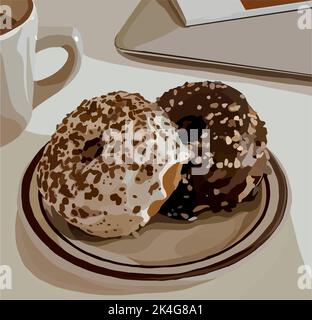 Délicieux beignets au chocolat sur une assiette. Illustration de mode vectorielle Illustration de Vecteur