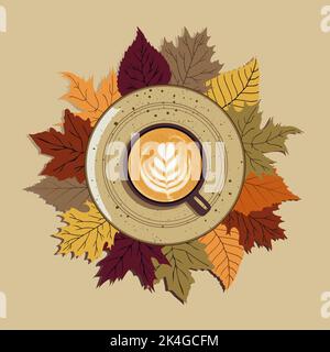 Automne, feuilles d'automne, tasse chaude de café sur une assiette sur un fond de feuilles. Saisonnier, café du matin, concept STILL Life. Illustration de Vecteur