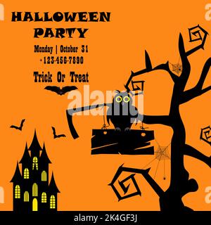 Carte de voeux pour Halloween. Design élégant avec arbre gothique, bois, hibou, château, bats, Toiles et araignées sur fond orange. Illustration de Vecteur