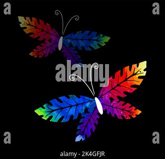 Arc-en-ciel papillon aquarelle sur un fond noir. Logo de papillons multicolores, imprimé Icon et t-shirt. Illustration vectorielle Illustration de Vecteur