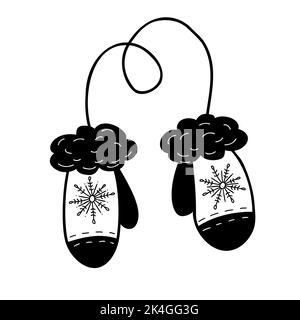 Hiver paire de gants tricotés avec flocon de neige sur corde. Dessin à la main vectoriel en forme de doodle. Pour la décoration, le design, la décoration et l'impression de vacances Illustration de Vecteur
