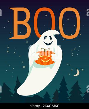 Halloween adorable fantôme de boo sinistre avec citrouille Illustration de Vecteur