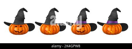 Ensemble de citrouille d'Halloween Vector avec chapeau de sorcière. Mignon Jack-o-lanternes, visage de citrouille sculpté pour invitations, cartes, emballage, emballage, bannières Design. 3d Illustration de Vecteur