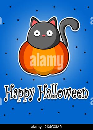 Carte postale Halloween. Le chat est assis dans une citrouille. Le chat regarde de la citrouille. Autocollants Halloween. Illustration vectorielle plate de dessin animé. Illustration de Vecteur