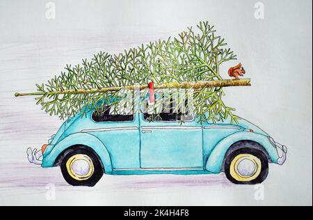 Drôle image de Noël de voiture avec grand arbre sur le toit plus écureuil Banque D'Images