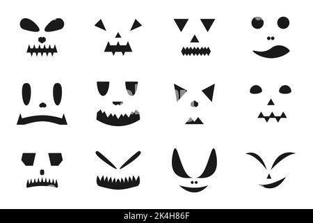 Pumpkins emoji visages noir plat icônes ensemble. Ensemble de panneaux de toile, cric ou lanterne. Kit d'animation de la collection de pictogrammes Halloween, Emotion Create. Émoticone de dessin animé simple effrayant, effrayant, symbole d'horreur isolé Illustration de Vecteur