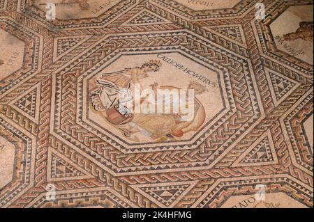 La mosaïque gallo-romaine de Vichten représentant neuf muses avec Calliope et Homer au centre. Vers 240 AD. Banque D'Images