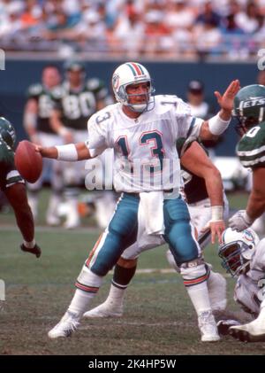 Le quarterback des Miami Dolphins est montré en action contre les jets de New York lors d'un match vers 1995. Banque D'Images