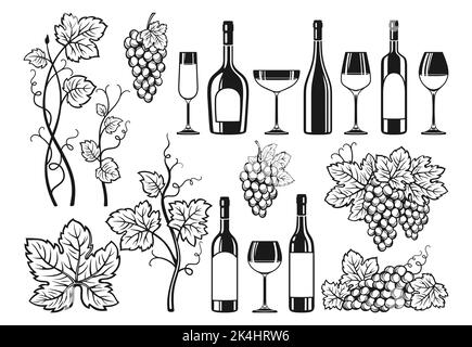 Ensemble de dessins animés de produits à vin. Wineglass et bouteille, raisins de vigne vintage dessin à la main. Bouteilles de vin ou de champagne alcool bar, publicité spiritueux design pour café, illustration de vecteur de restaurant Illustration de Vecteur