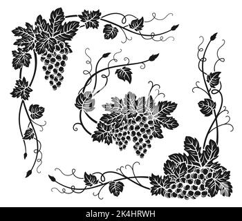 Ensemble de petits pains de coin de vigne en raisin gravé. Vintage main encre dessinés contour vin raisins bordure, florale cadre de baie. Éléments décoratifs gravure antique. Croquis pour emballage de vin, menu, carte, Illustration de Vecteur